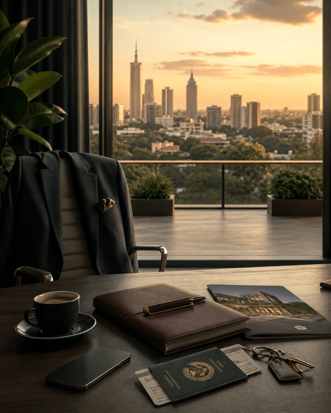 Founder workspace with relocation documents and Nairobi view